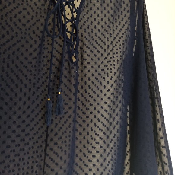 Mango Sheer Swiss Dot Ruffle Tie Blouse, Navy Blue , Size US6 - Picture 6 of 6